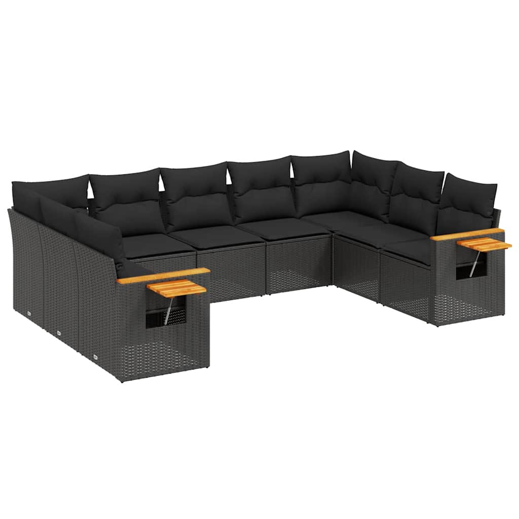 9 részes fekete polyrattan kerti ülőgarnitúra párnákkal 2