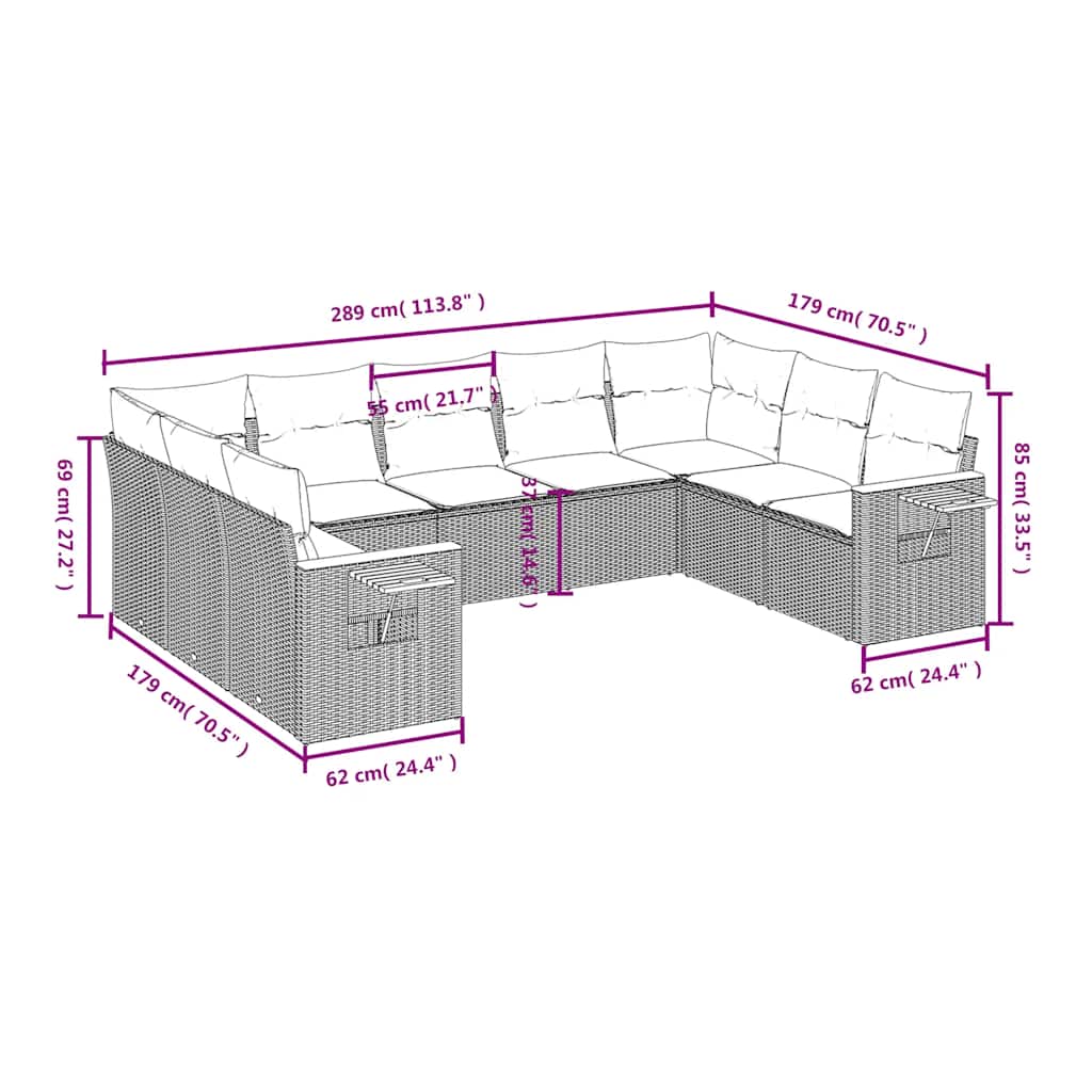 9 részes fekete polyrattan kerti ülőgarnitúra párnákkal 3