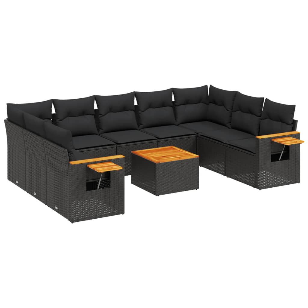 10 részes fekete polyrattan kerti ülőgarnitúra párnákkal 2