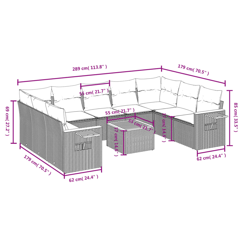10 részes fekete polyrattan kerti ülőgarnitúra párnákkal 3