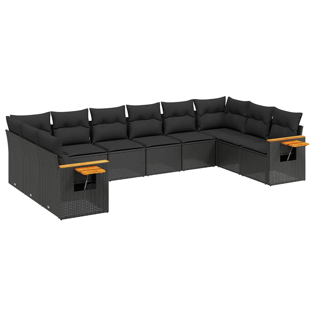 10 részes fekete polyrattan kerti ülőgarnitúra párnákkal 2