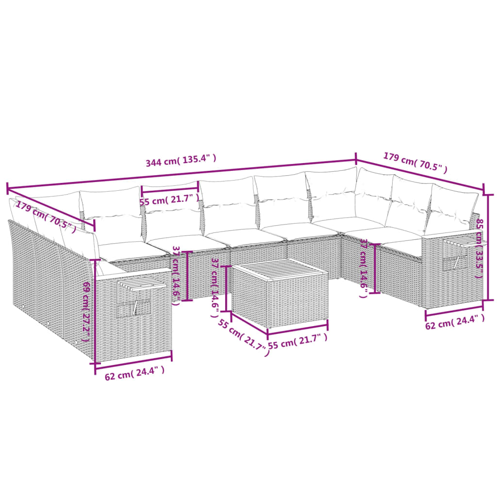 11 részes szürke polyrattan kerti ülőgarnitúra párnákkal 3