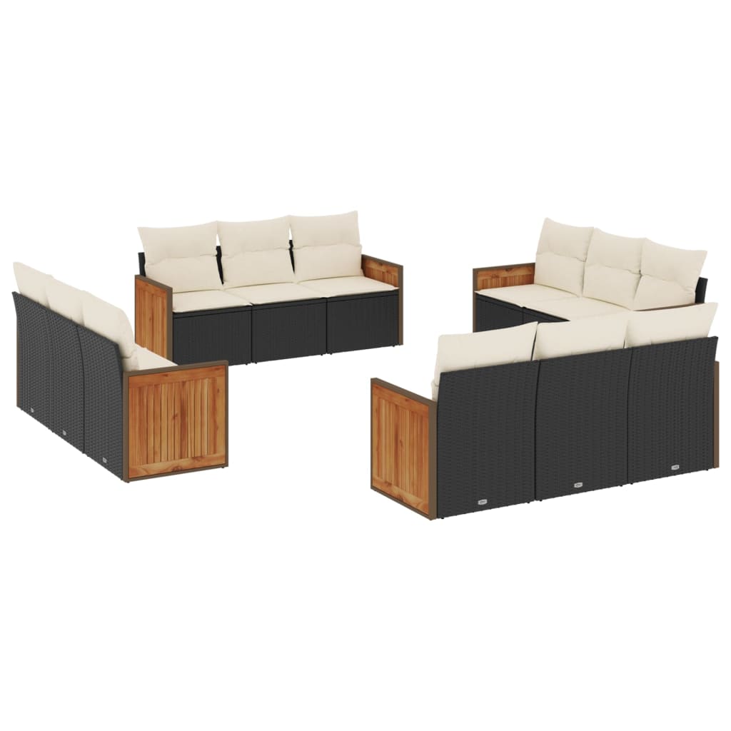 12 részes fekete polyrattan kerti ülőgarnitúra párnákkal 2
