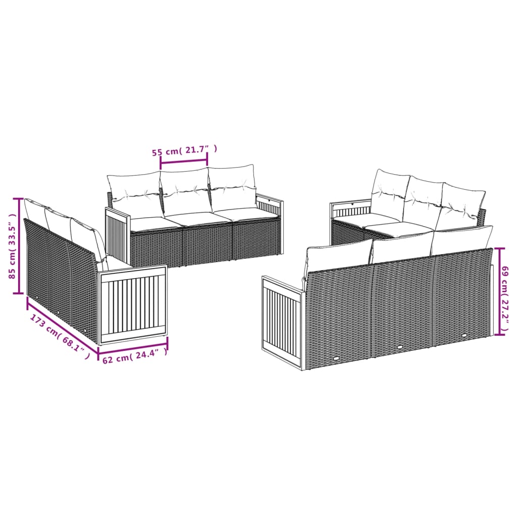 12 részes fekete polyrattan kerti ülőgarnitúra párnákkal 3
