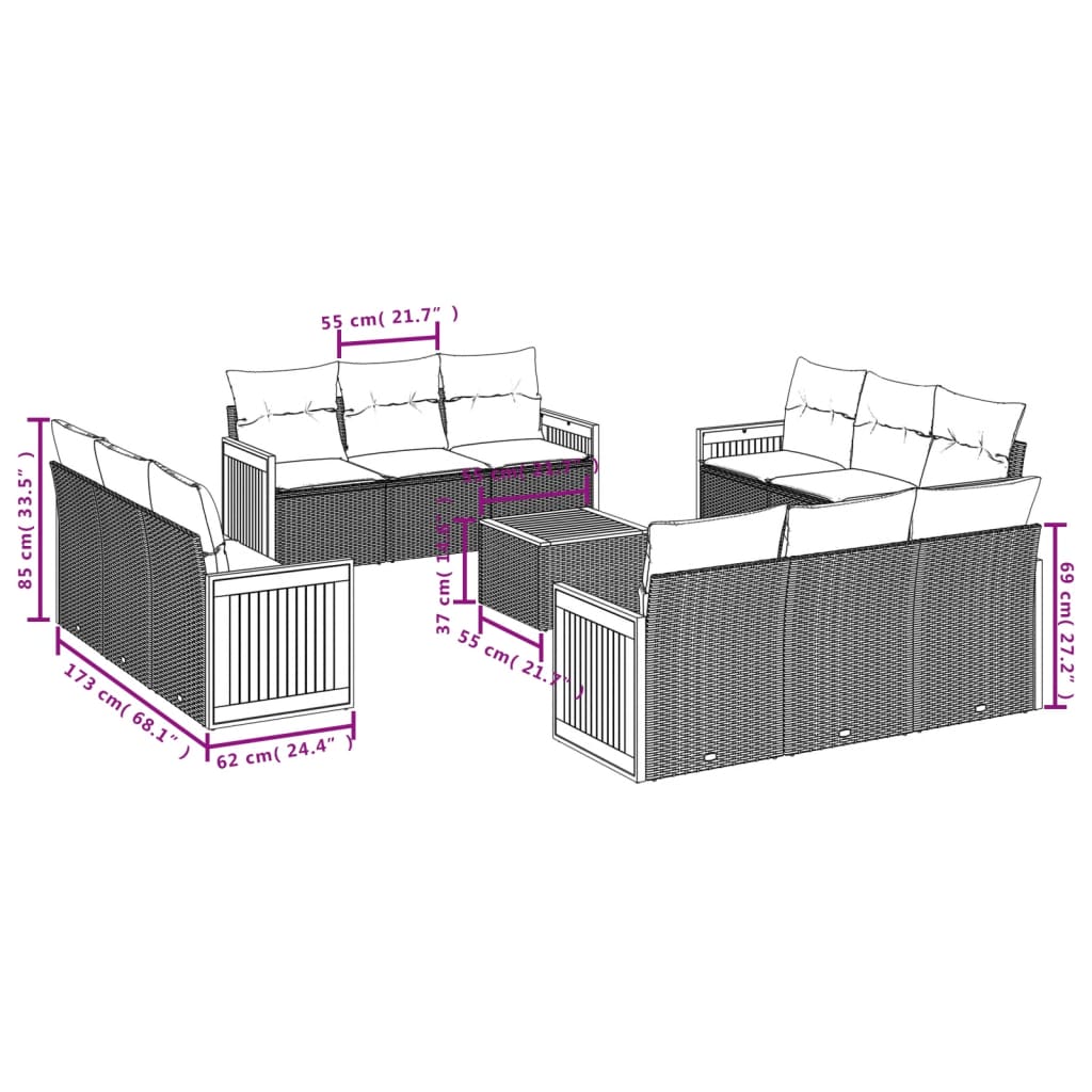 13 részes fekete polyrattan kerti ülőgarnitúra párnákkal 3