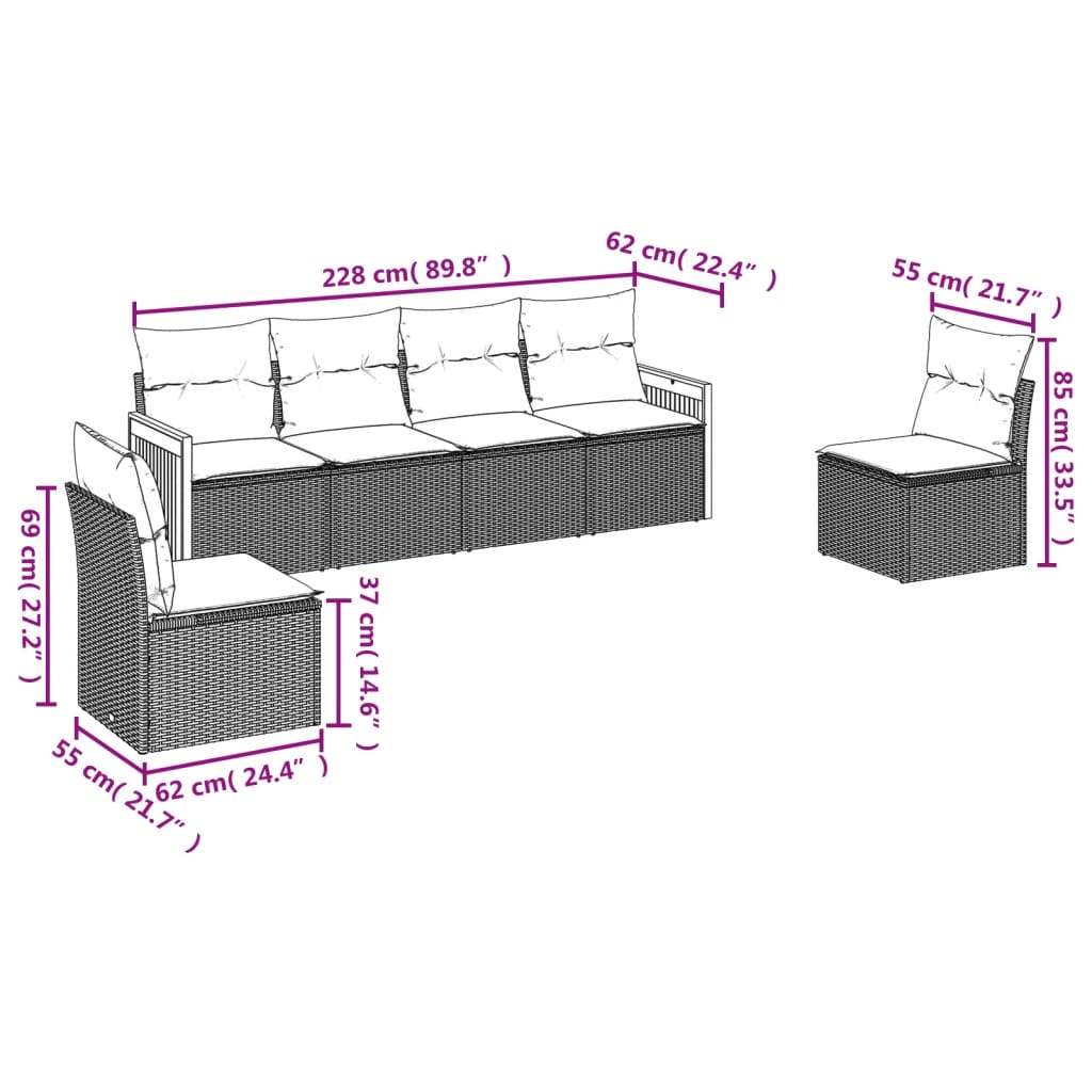 6 részes fekete polyrattan kerti ülőgarnitúra párnákkal 3