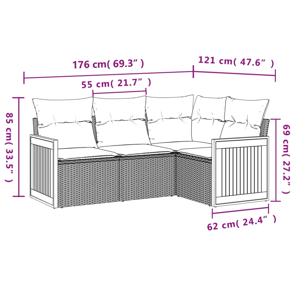4 részes fekete polyrattan kerti ülőgarnitúra párnákkal 3