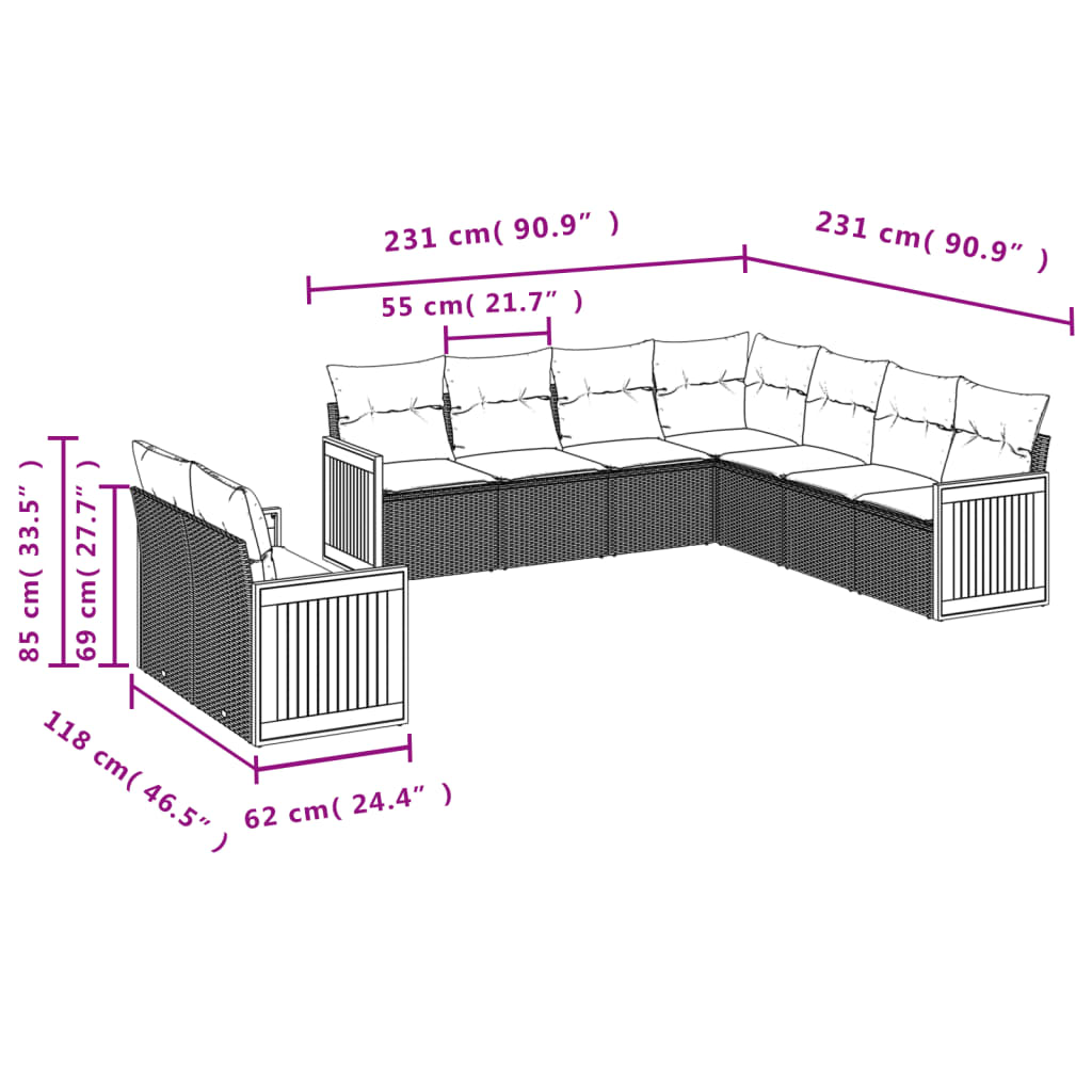 9 részes bézs polyrattan kerti ülőgarnitúra párnákkal 3
