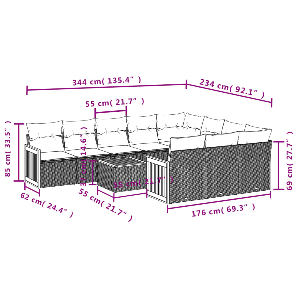11 részes fekete polyrattan kerti ülőgarnitúra párnákkal 3