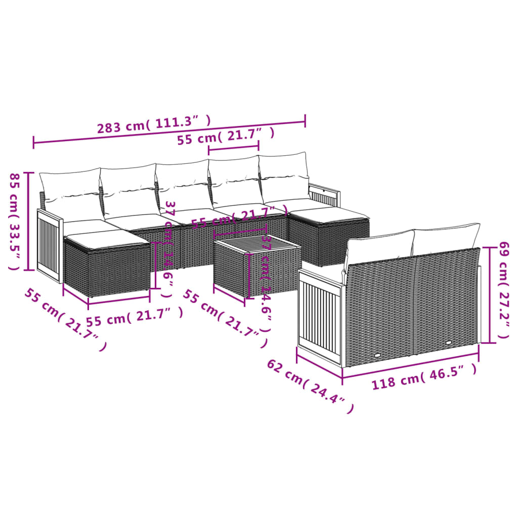 10 részes szürke polyrattan kerti ülőgarnitúra párnákkal 3