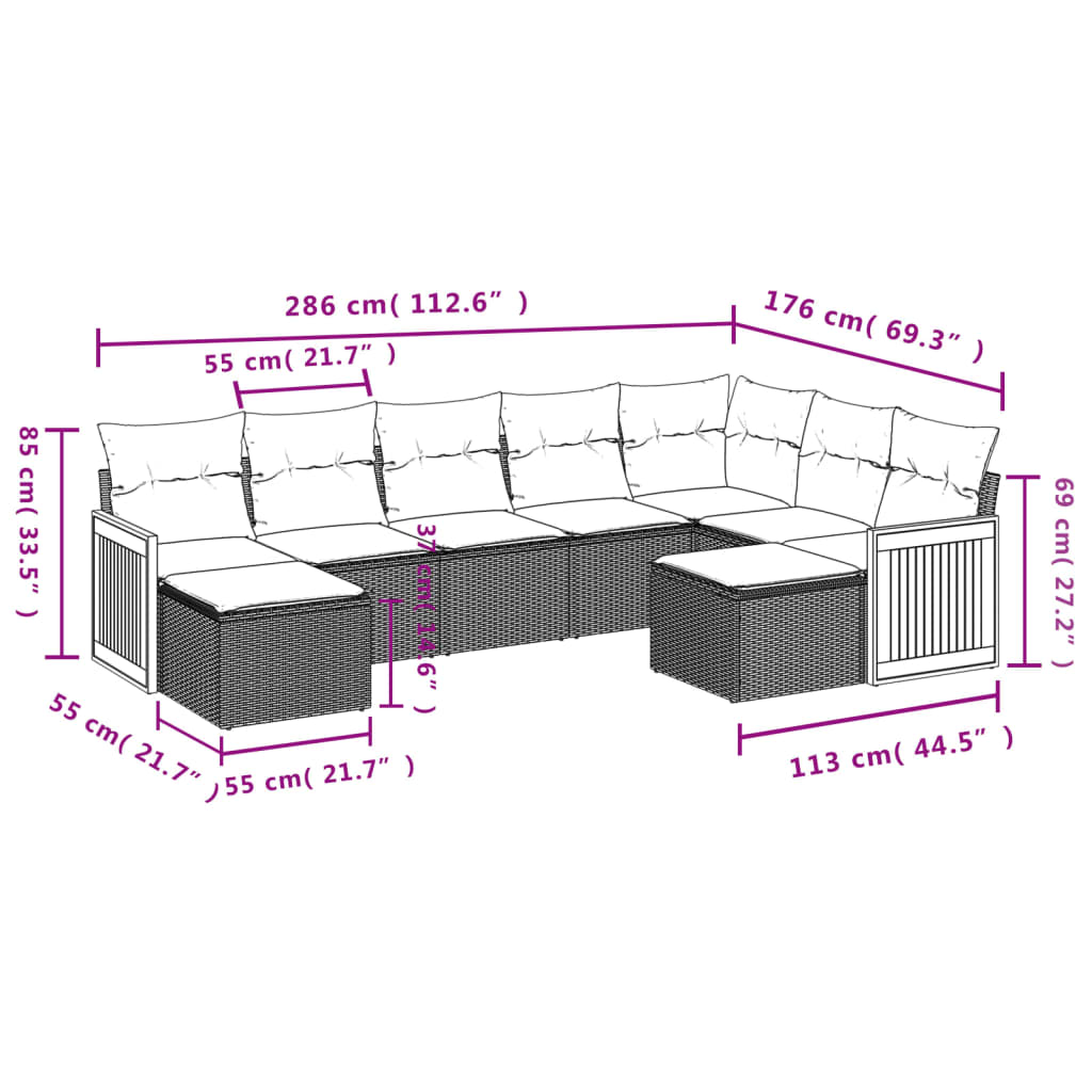 9 részes bézs polyrattan kerti ülőgarnitúra párnákkal 3