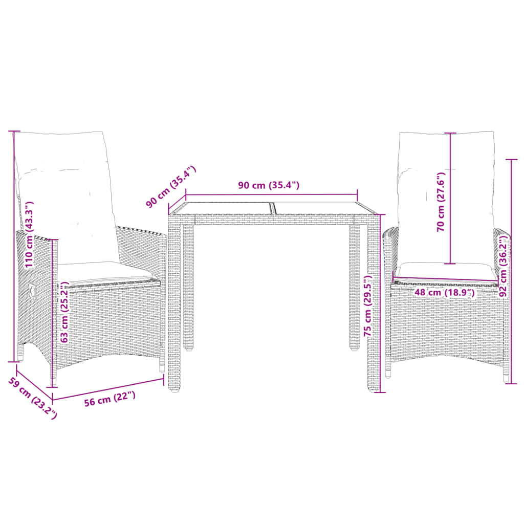 3 részes fekete polyrattan bisztrógarnitúra párnával 7