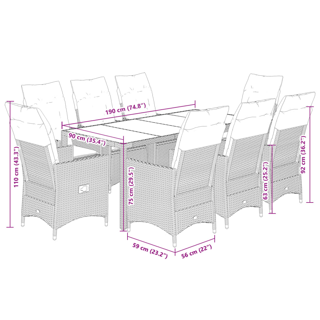 9 részes fekete polyrattan kerti étkezőgarnitúra párnákkal 7