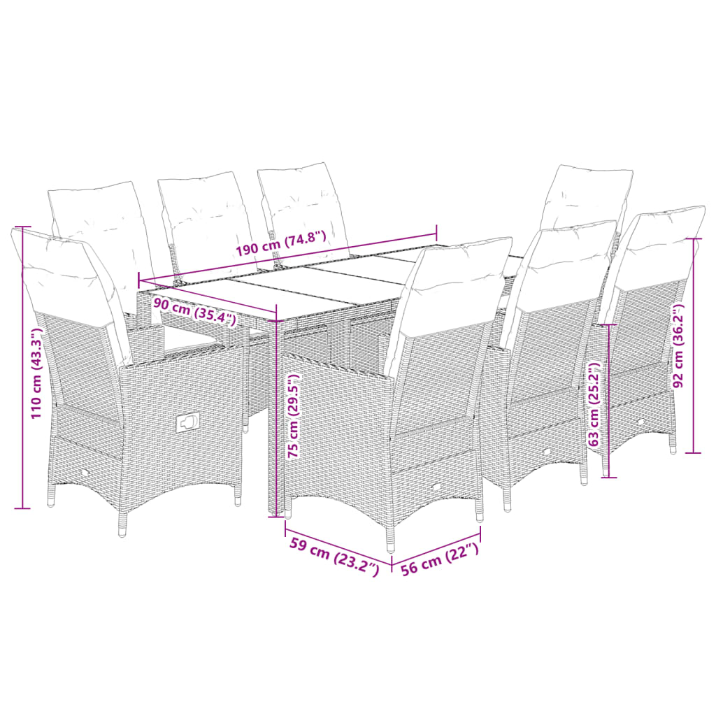 9 részes fekete polyrattan kerti étkezőgarnitúra párnákkal 8