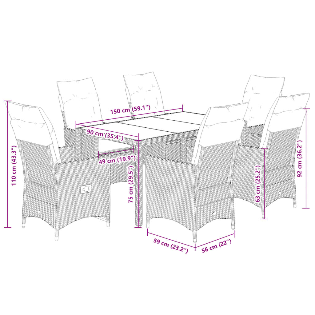 7 részes szürke polyrattan kerti étkezőgarnitúra párnával 9