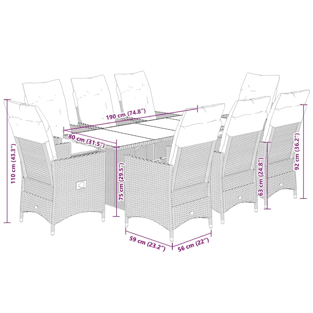 9 részes barna polyrattan kerti étkezőgarnitúra párnákkal 7