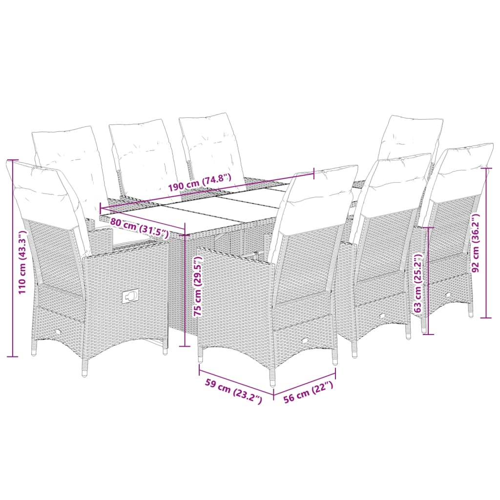9 részes bézs polyrattan kerti étkezőgarnitúra párnákkal 9