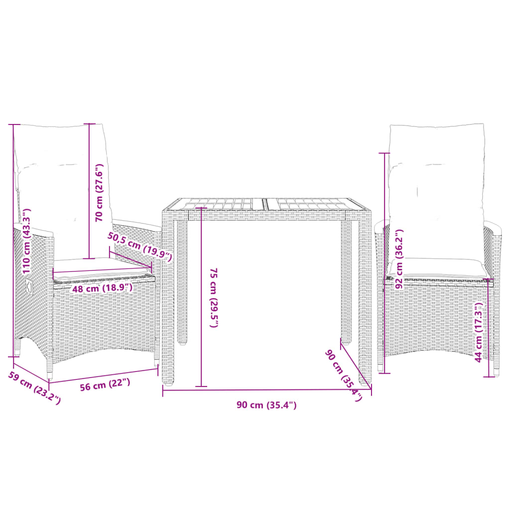 3 részes fekete polyrattan bisztrógarnitúra párnával 7