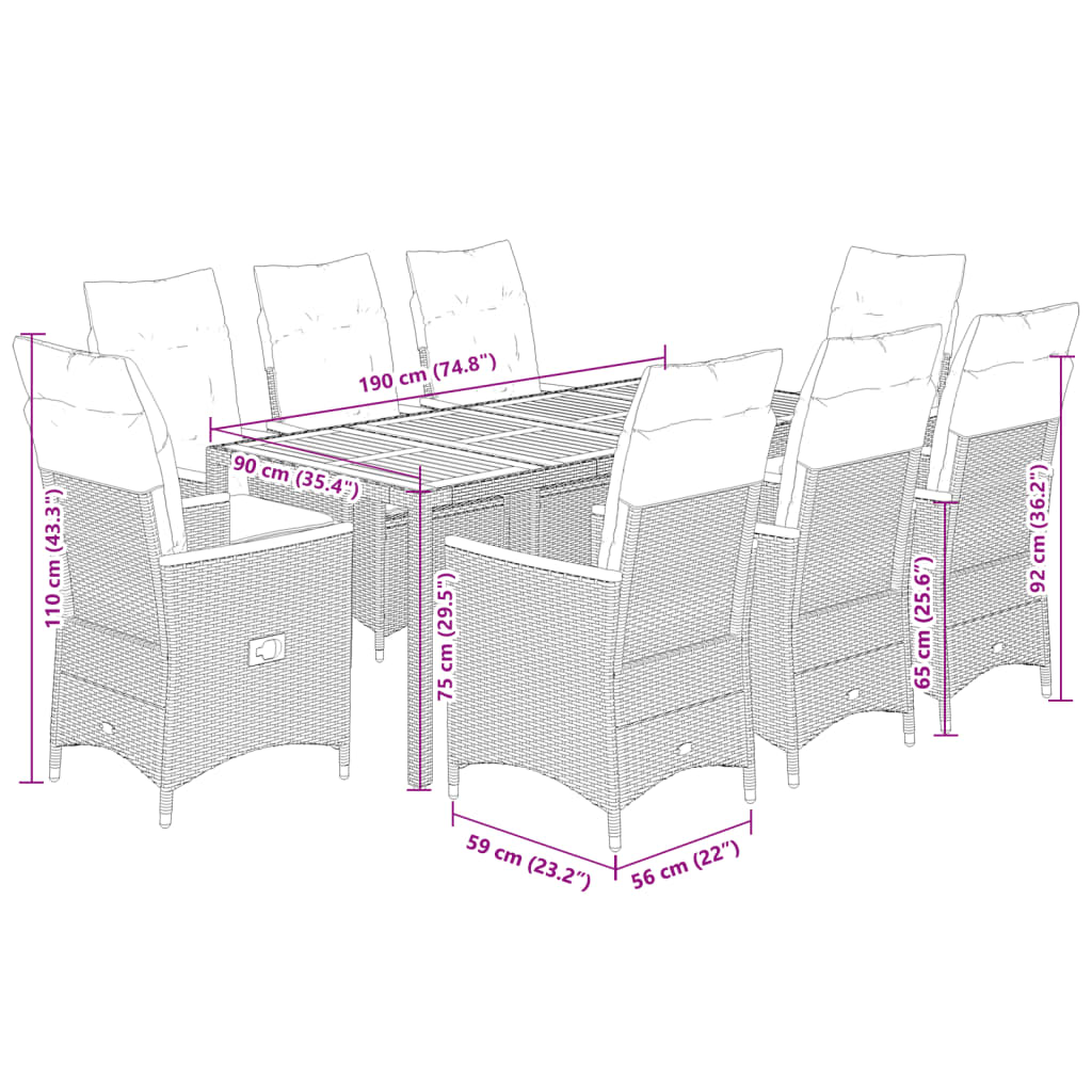 9 részes fekete polyrattan kerti étkezőgarnitúra párnákkal 7