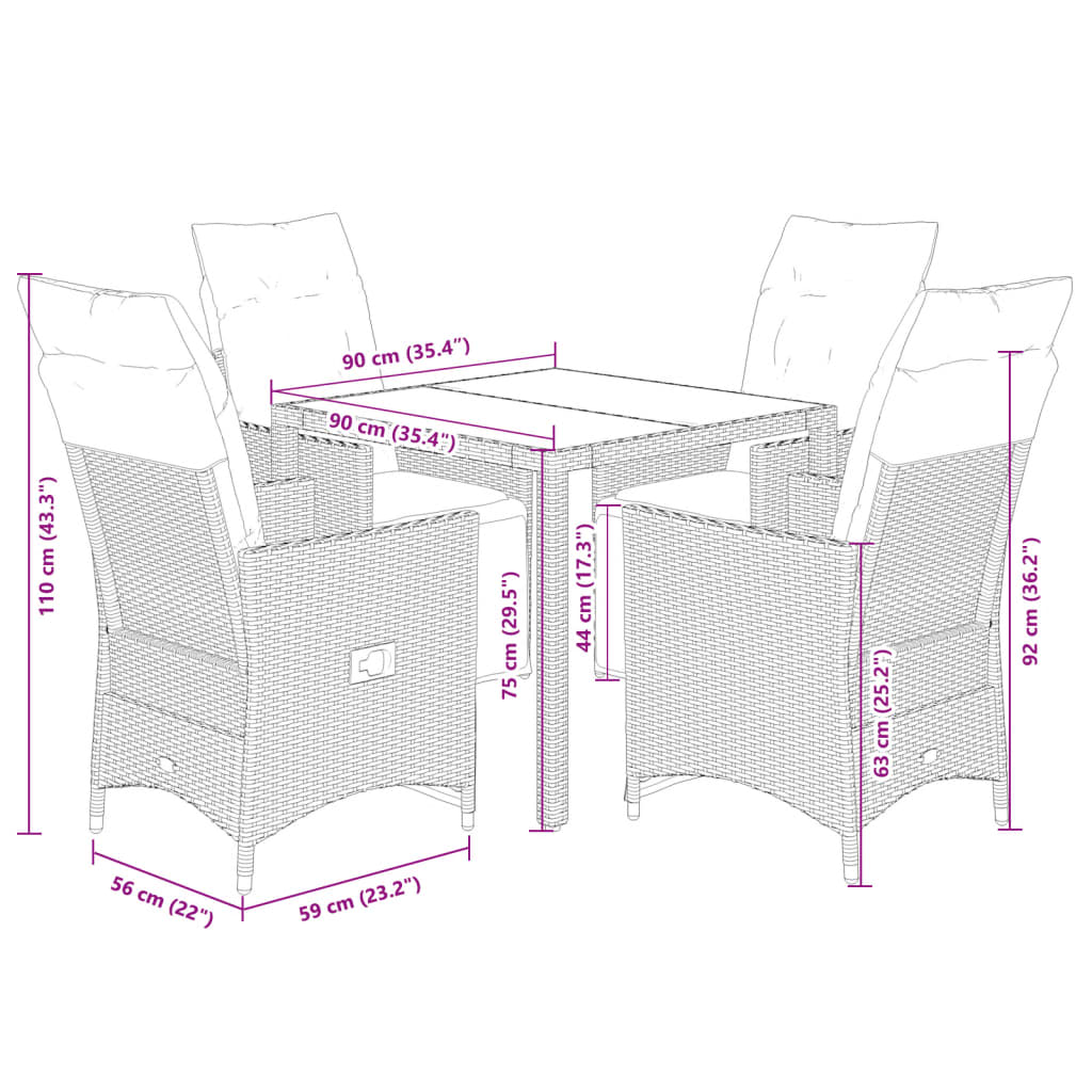 5 részes szürke polyrattan kerti bisztrógarnitúra párnákkal 7