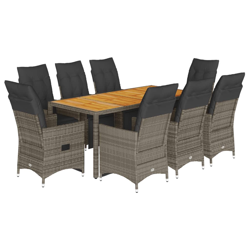 9 részes szürke polyrattan kerti bisztrógarnitúra párnákkal 2