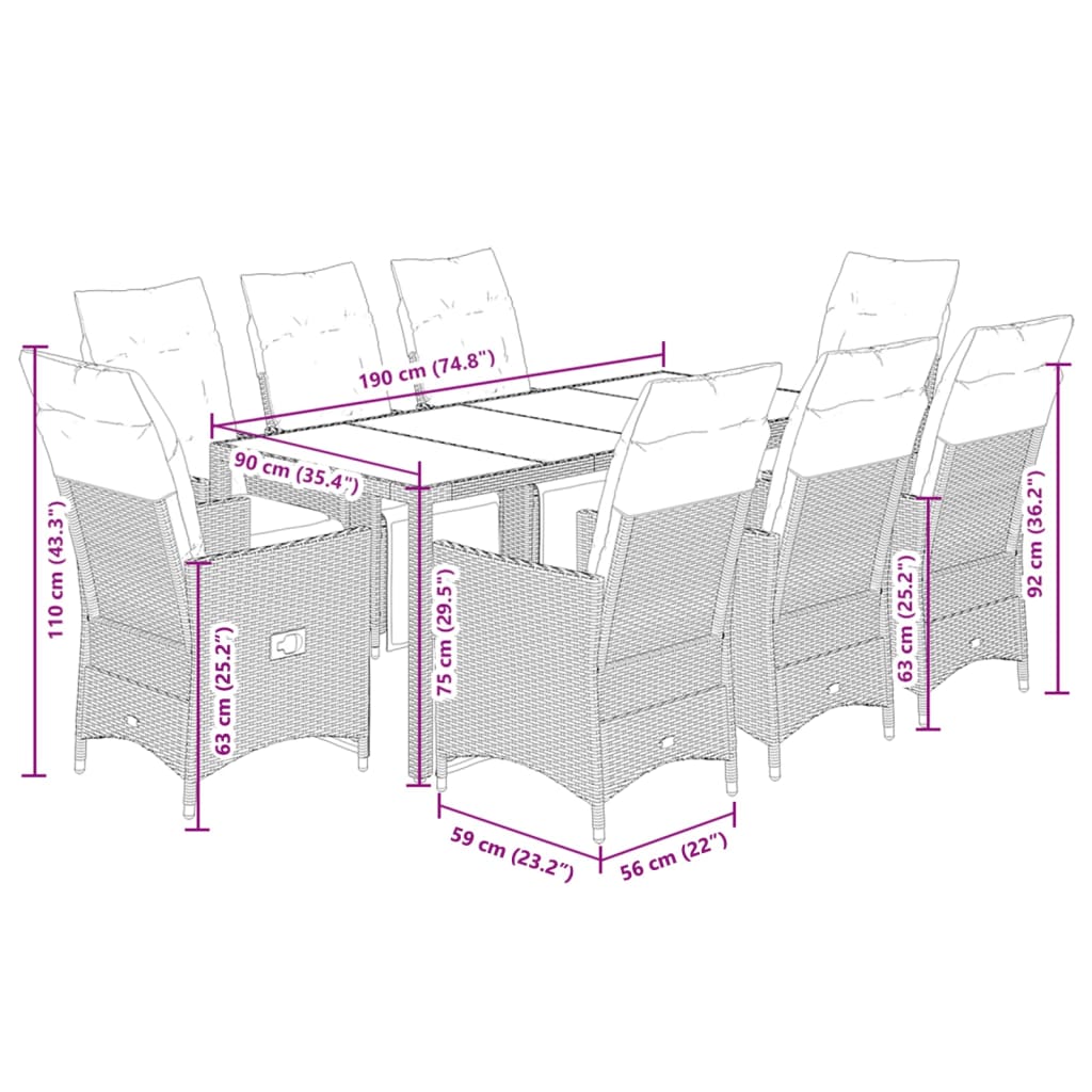 9 részes szürke polyrattan kerti bisztrógarnitúra párnákkal 7
