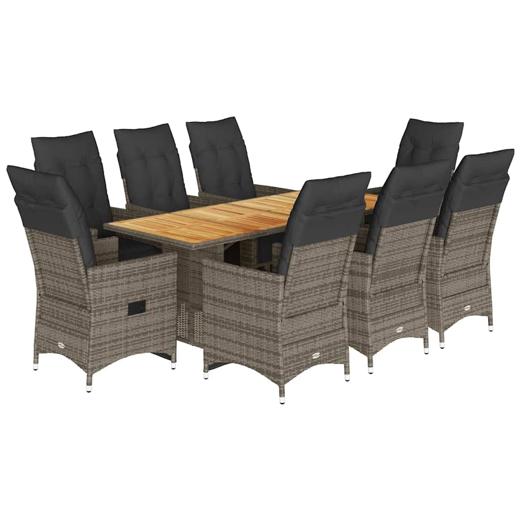 9 részes szürke polyrattan kerti bisztrógarnitúra párnákkal 2