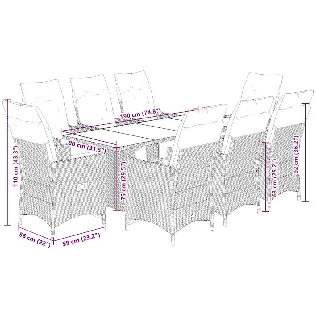 9 részes szürke polyrattan kerti bisztrógarnitúra párnákkal 7