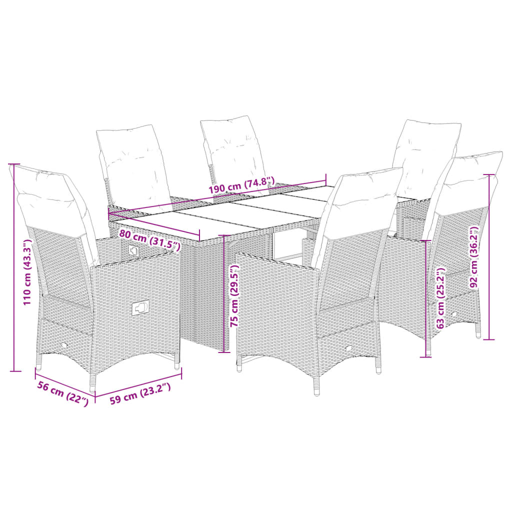 7 részes szürke polyrattan kerti bisztrógarnitúra párnákkal 7
