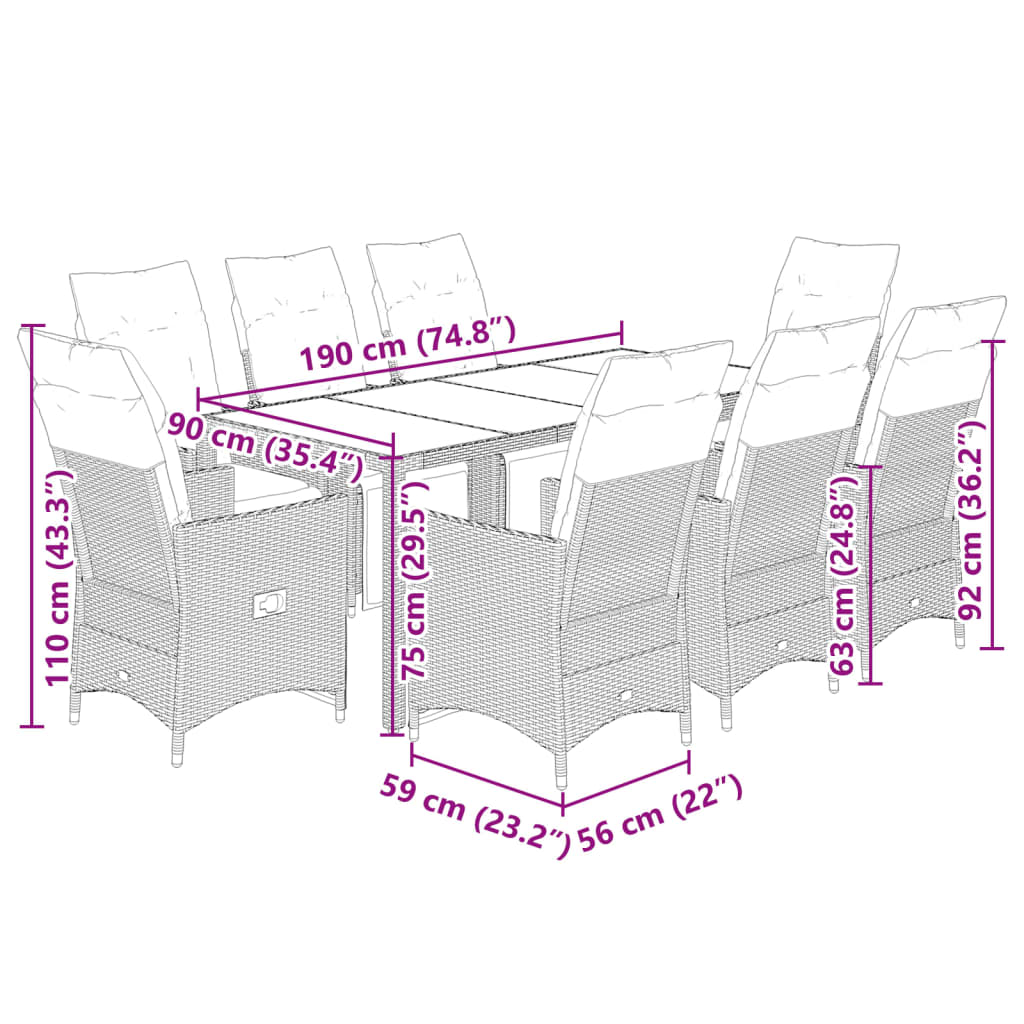 9 részes barna polyrattan kerti bisztrógarnitúra párnákkal 7