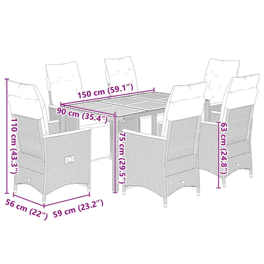 7 részes fekete polyrattan kerti bisztrógarnitúra párnákkal 7