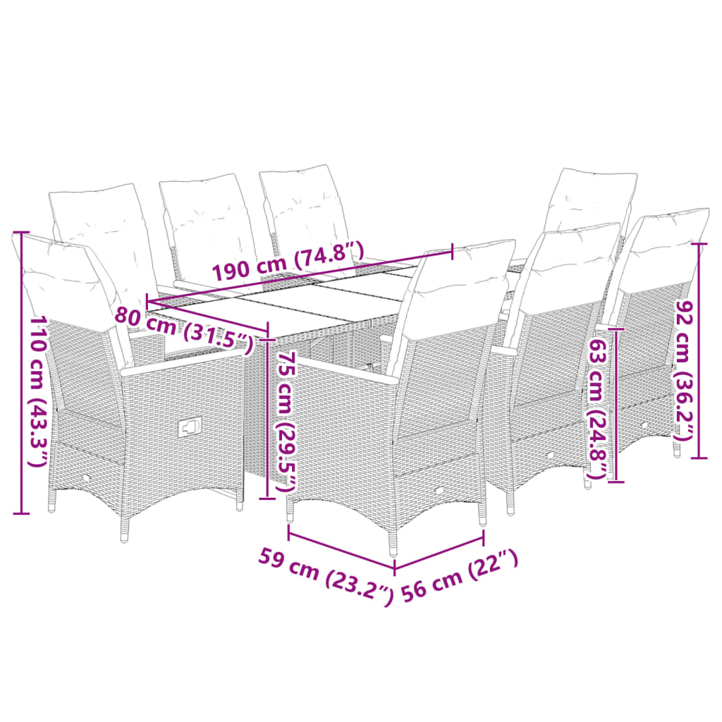 9 részes szürke polyrattan kerti bisztrógarnitúra párnákkal 7