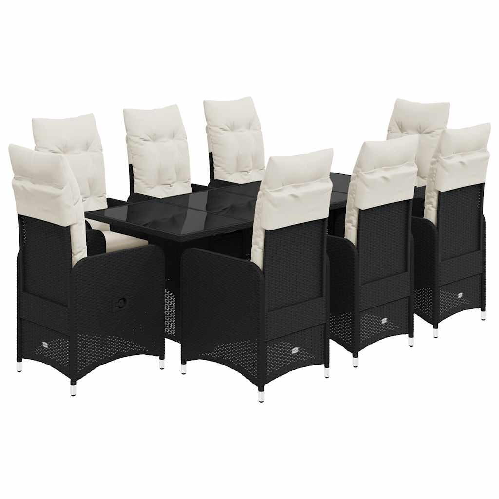 9 részes fekete polyrattan kerti bisztrógarnitúra párnákkal 2