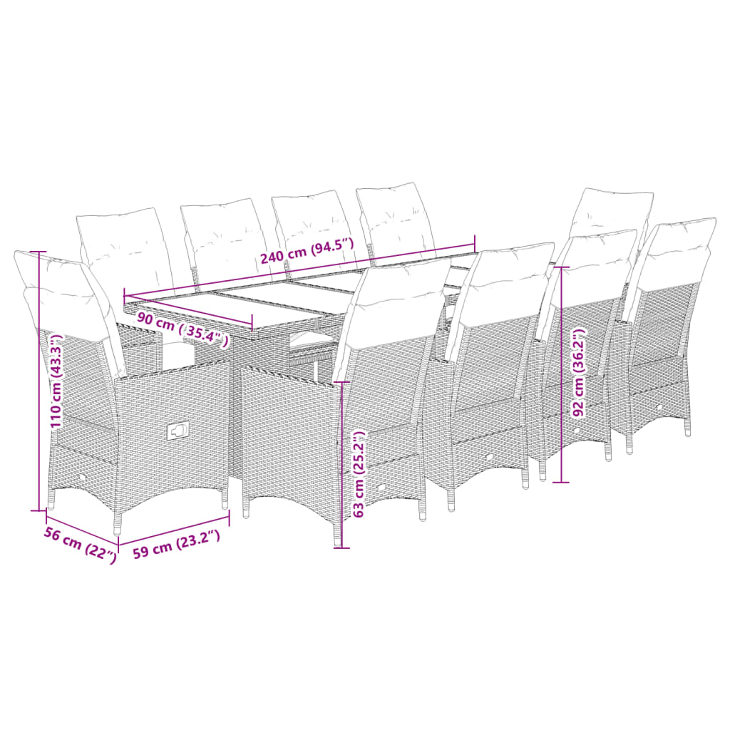 11 részes szürke polyrattan kerti bisztrógarnitúra párnákkal 7