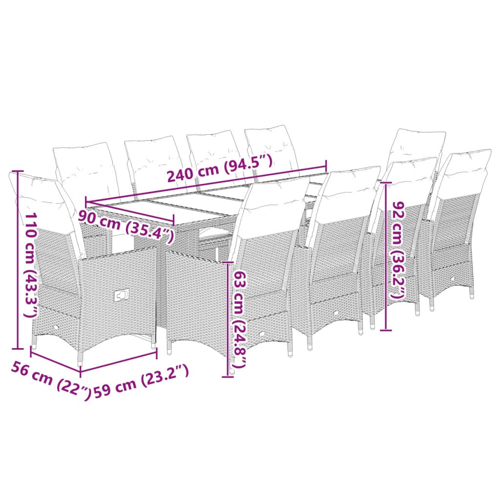 9 részes barna polyrattan kerti bisztrógarnitúra párnákkal 7