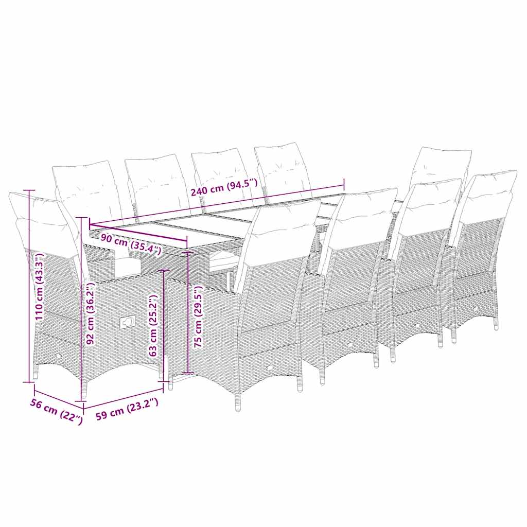 11 részes szürke polyrattan kerti bisztrógarnitúra párnákkal 7