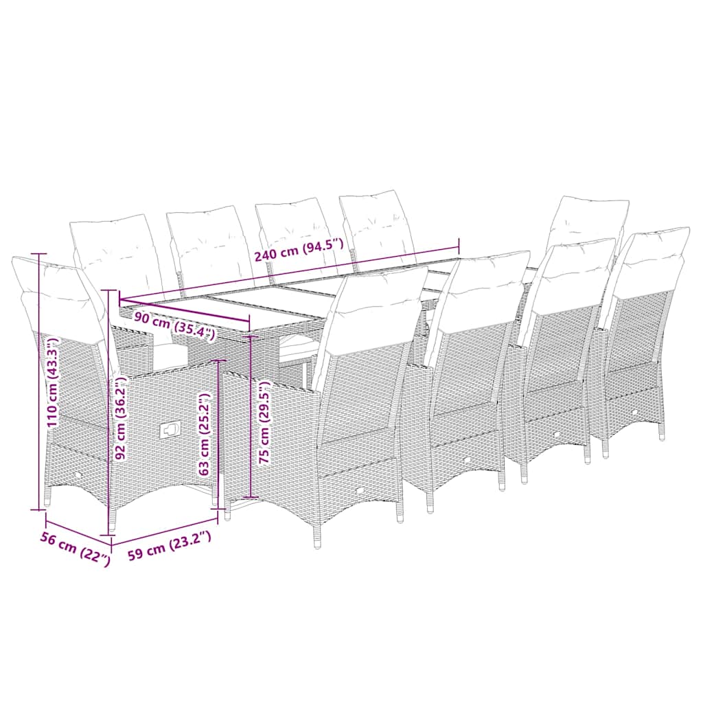 11 részes szürke polyrattan kerti bisztrógarnitúra párnákkal 7