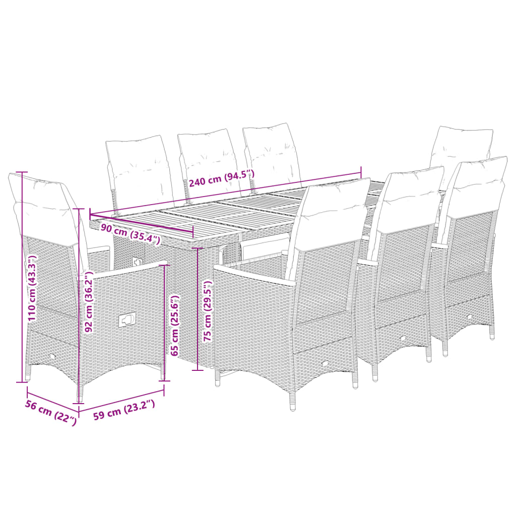 9 részes szürke polyrattan kerti bisztrógarnitúra párnákkal 7