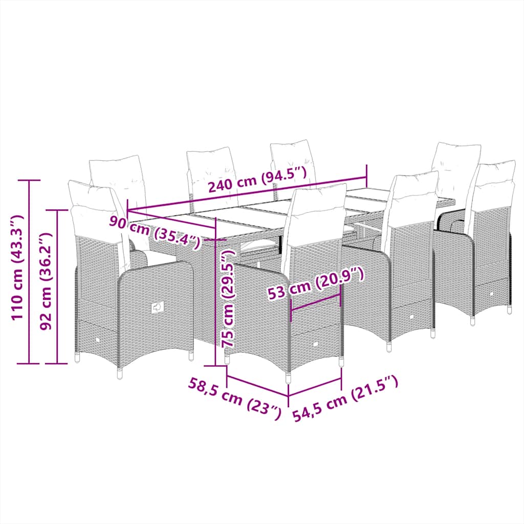 9 részes barna polyrattan kerti bisztrógarnitúra párnákkal 7