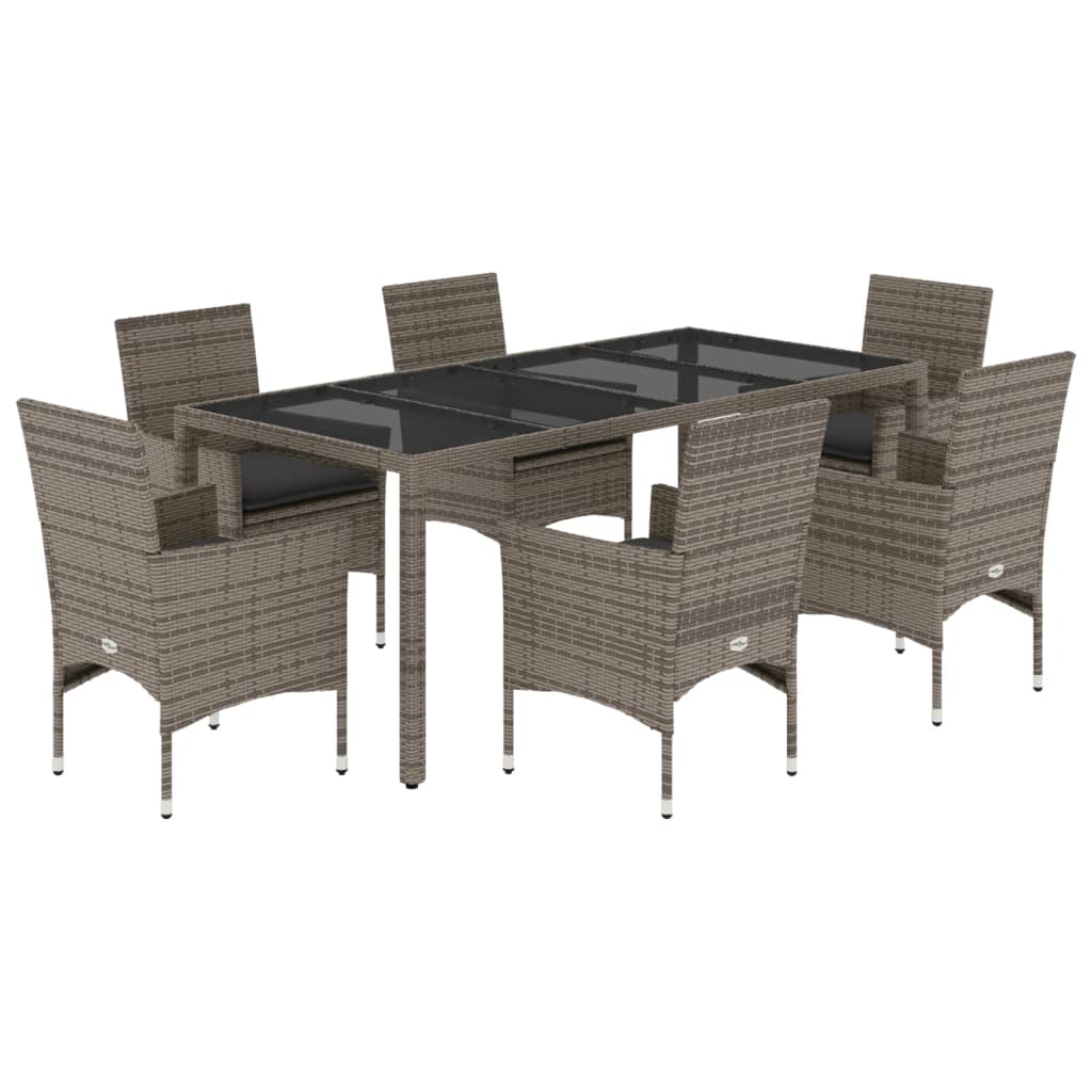 7 részes szürke polyrattan/üveg kerti étkezőgarnitúra párnával 2