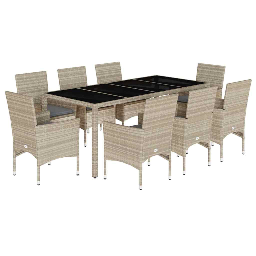 9 részes szürke polyrattan/üveg kerti étkezőgarnitúra párnákkal 2
