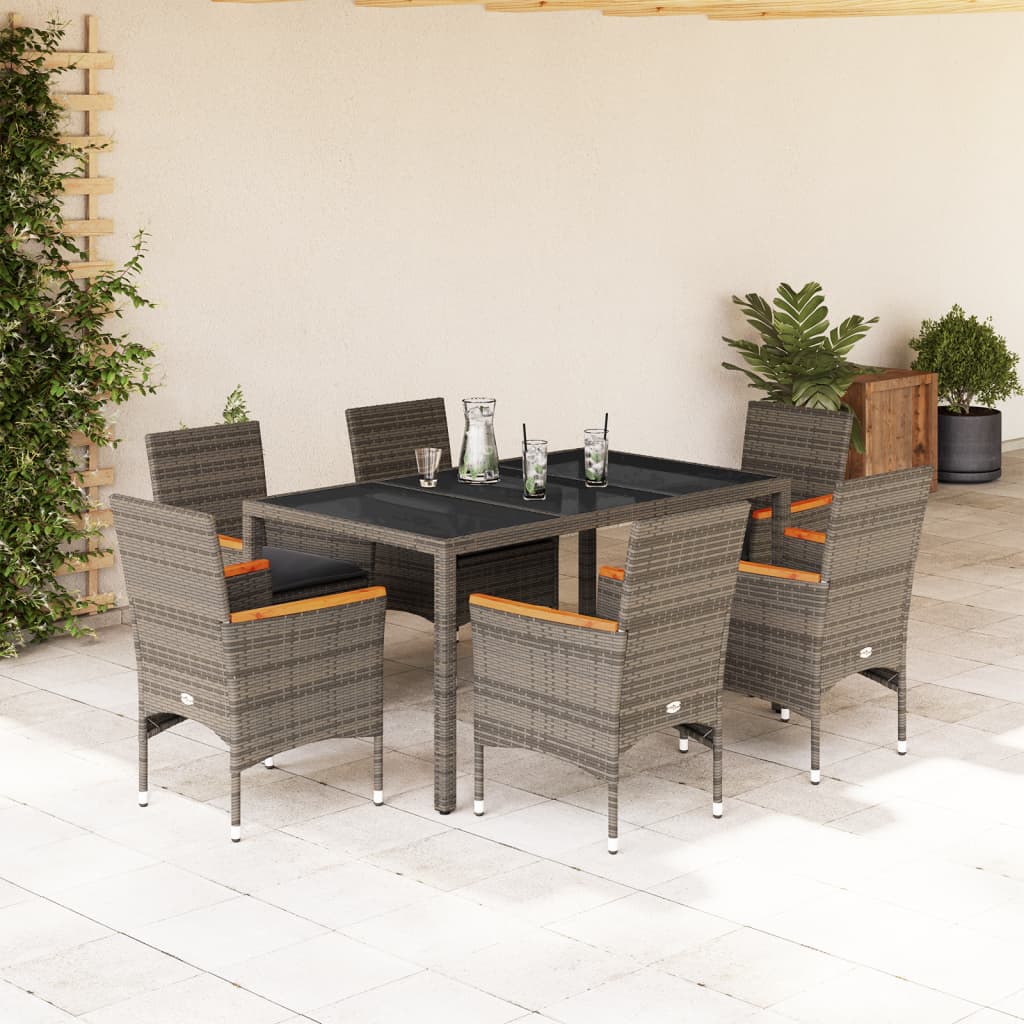 7 részes szürke polyrattan/üveg kerti étkezőgarnitúra párnával