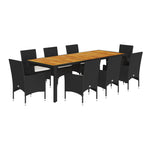 9részes fekete polyrattan/akácfa kerti étkezőgarnitúra párnákkal 2