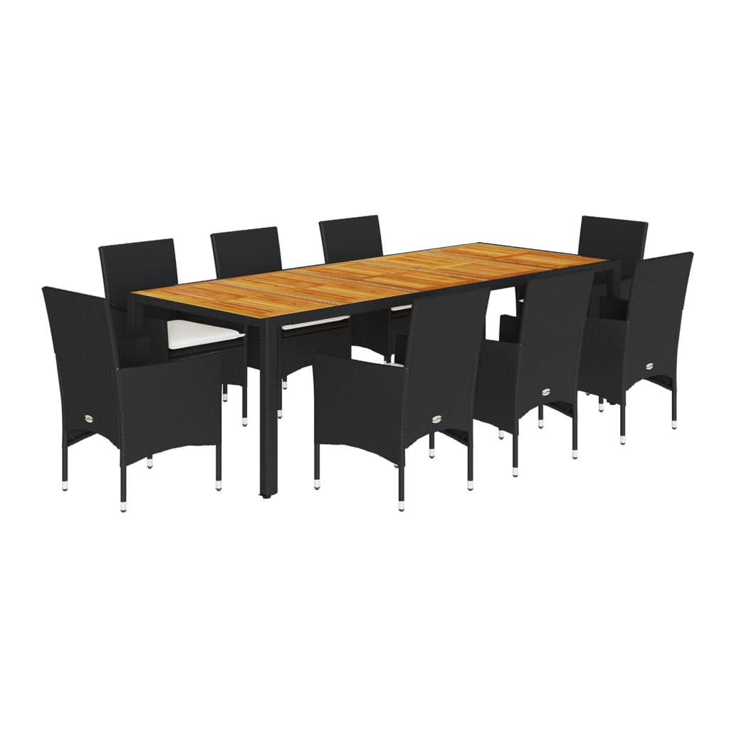9részes fekete polyrattan/akácfa kerti étkezőgarnitúra párnákkal 2