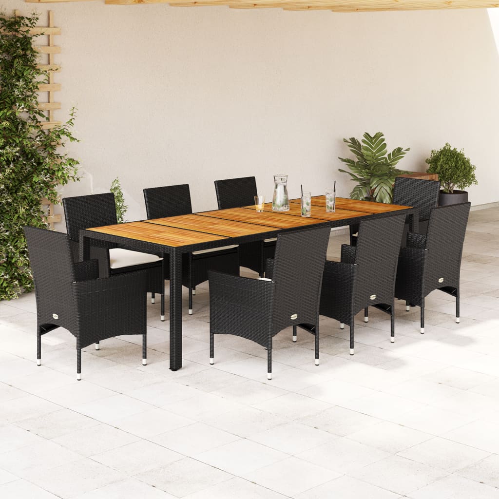 9részes fekete polyrattan/akácfa kerti étkezőgarnitúra párnákkal