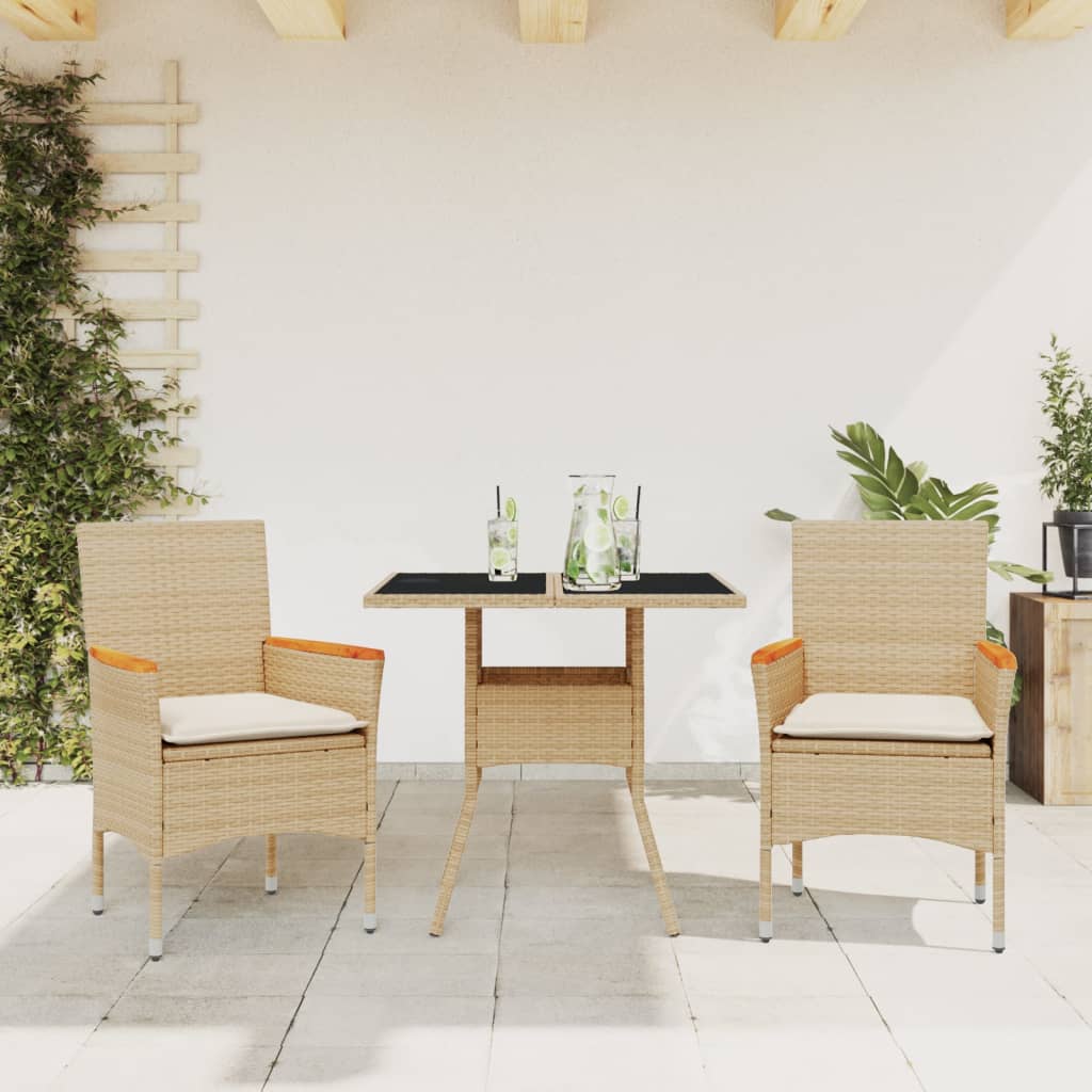 3 részes bézs polyrattan/üveg kerti étkezőgarnitúra párnákkal