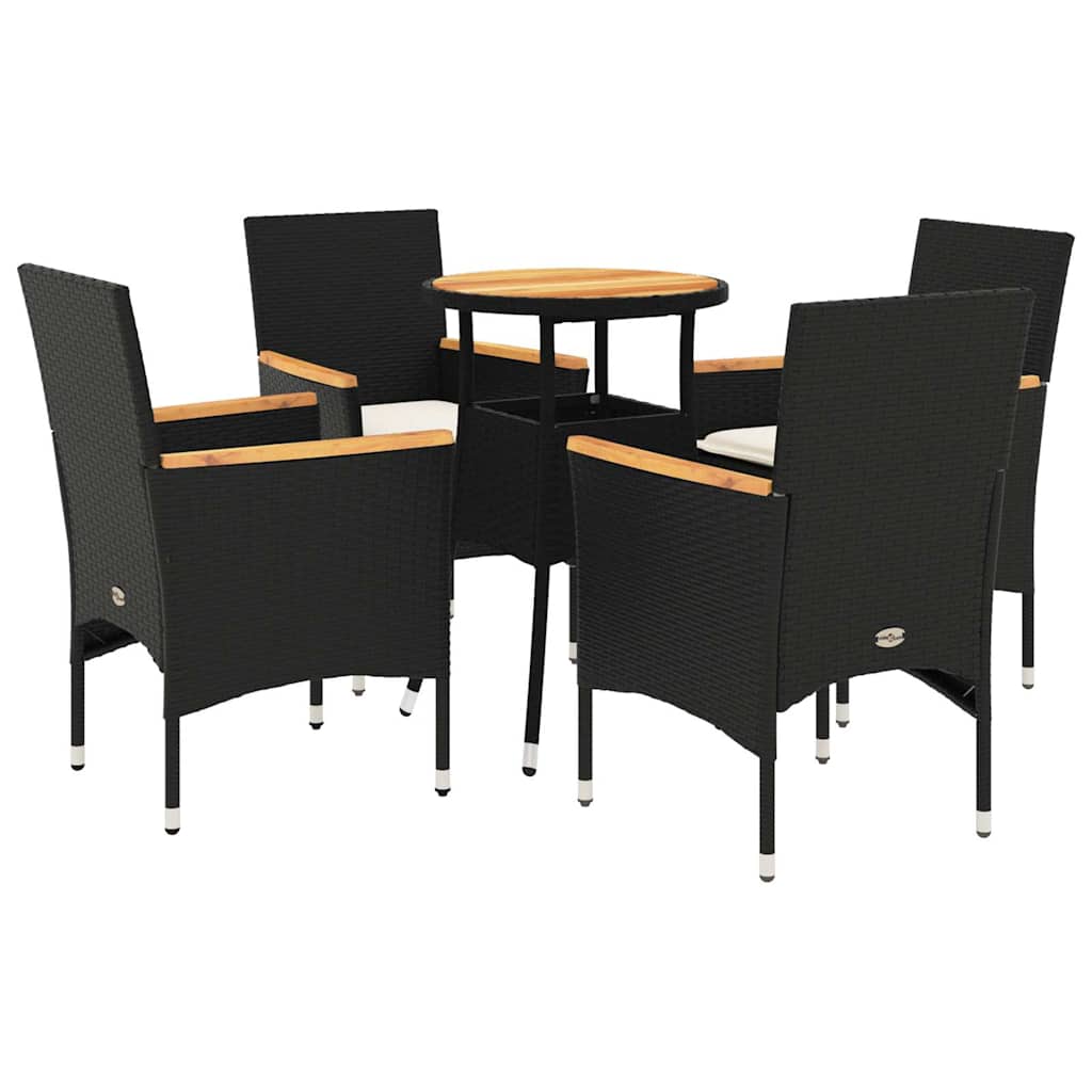 5részes fekete polyrattan/akácfa kerti étkezőgarnitúra párnákkal 2