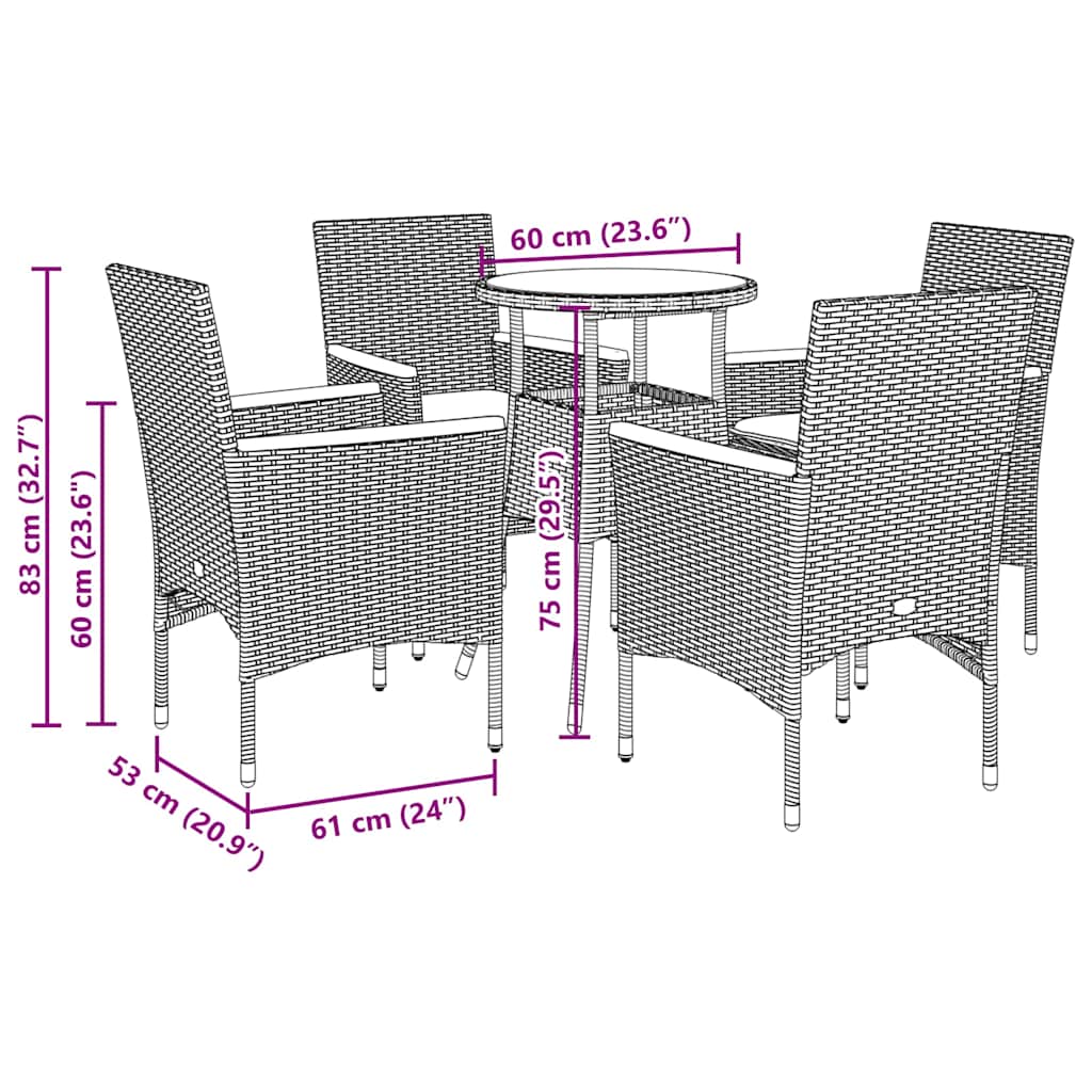5részes fekete polyrattan/akácfa kerti étkezőgarnitúra párnákkal 7