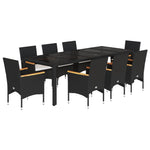 9 részes fekete polyrattan/üveg kerti étkezőgarnitúra párnákkal 2