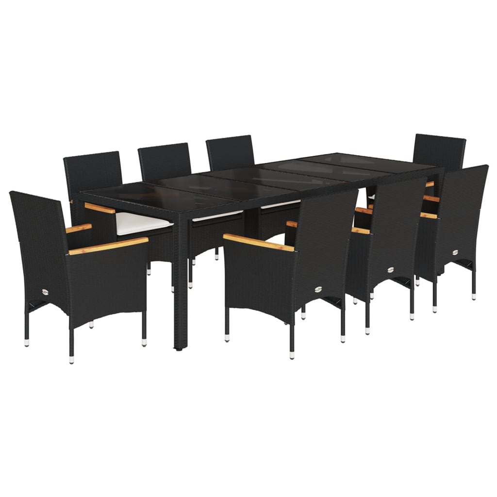 9 részes fekete polyrattan/üveg kerti étkezőgarnitúra párnákkal 2